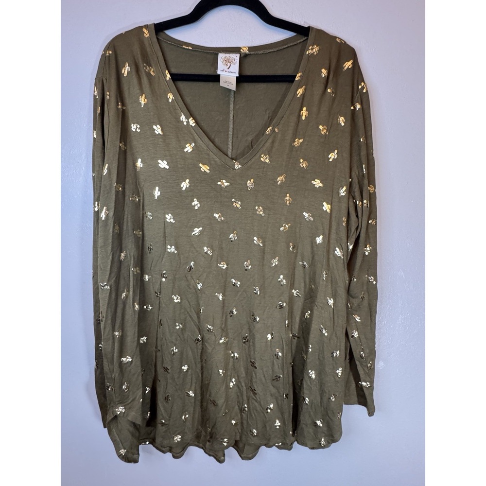 Self Esteem Plus Size Cactus Print Long Sleeved‎ V Neck Tshirt Size 2X